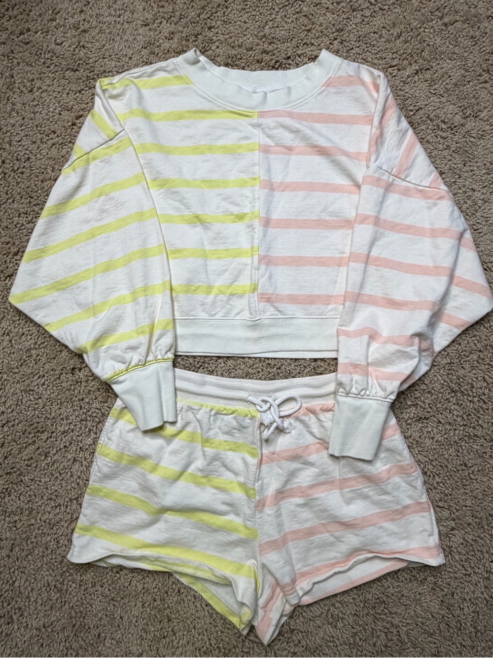 Anthropologies-Daily Practice Two-Tone Striped Cotton Sweat Set-Yellow & Pink
